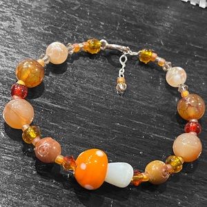 Bracelet Swarovski / Natural stone, mushroom glass bead, Sterling clasp NEW